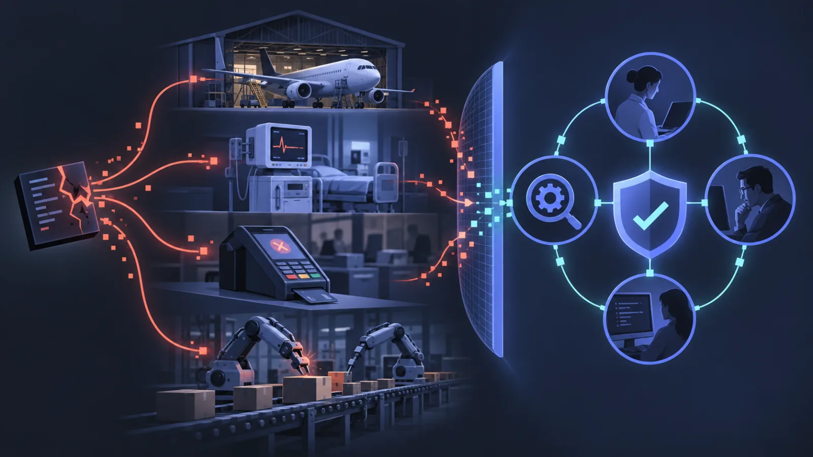 A software fault reaches critical industries while a quality feedback network contains its spread.