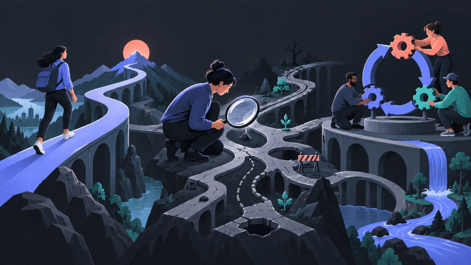 A customer follows a path, a tester investigates its risks, and a team improves the system around it.
